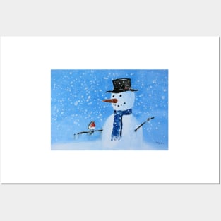 Snowman and a friendly Robin Posters and Art